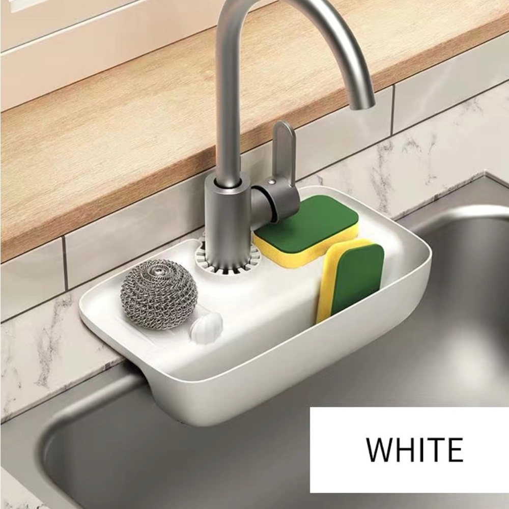 White sink storage for your soap, sponges and scrubs.
